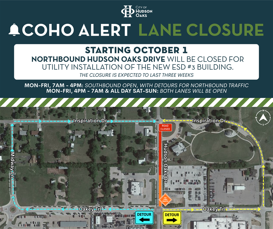 COHO Alert Lane Closure Aerial Map that shows Detour Routes and Lane Closure on Hudson Oaks Drive