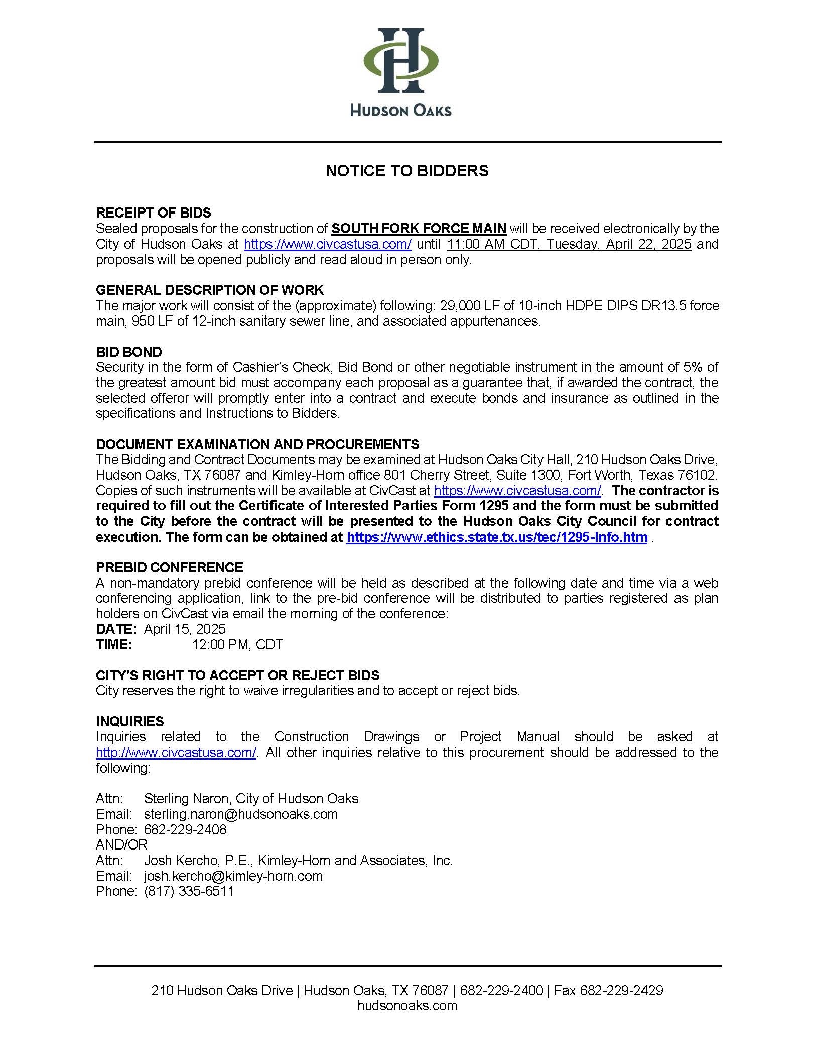 Notice to Bidders - South Fork Force Main